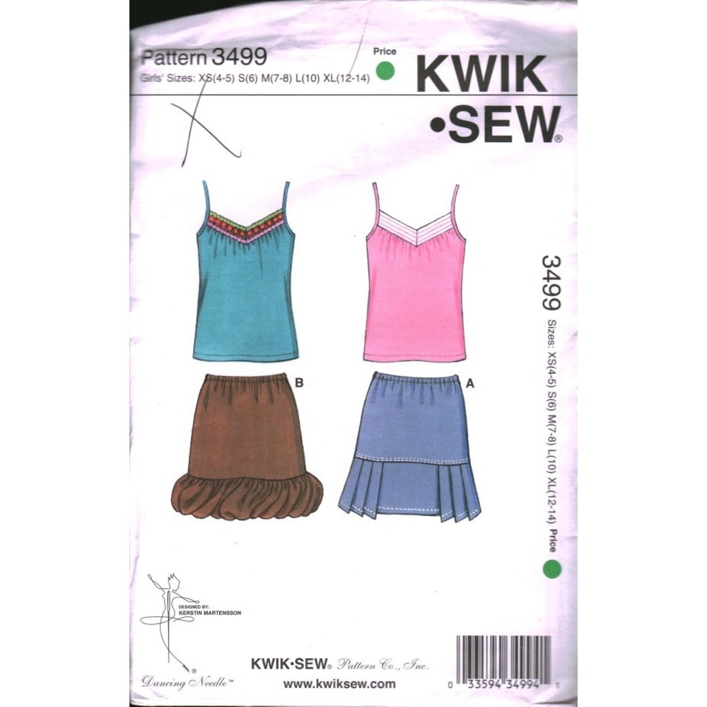 Kwik‎ Sew 3499 Girls Top and Skirts Sewing Pattern Size XS-XL UNCUT